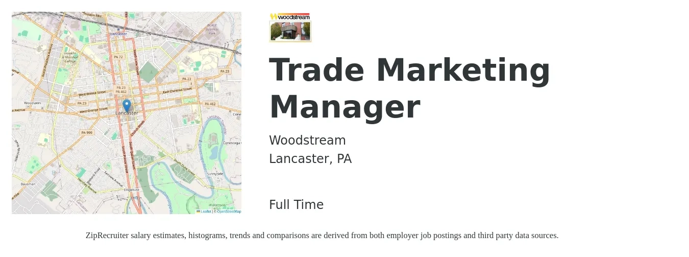 Woodstream job posting for a Trade Marketing Manager in Lancaster, PA with a salary of $58,300 to $96,200 Yearly with a map of Lancaster location.