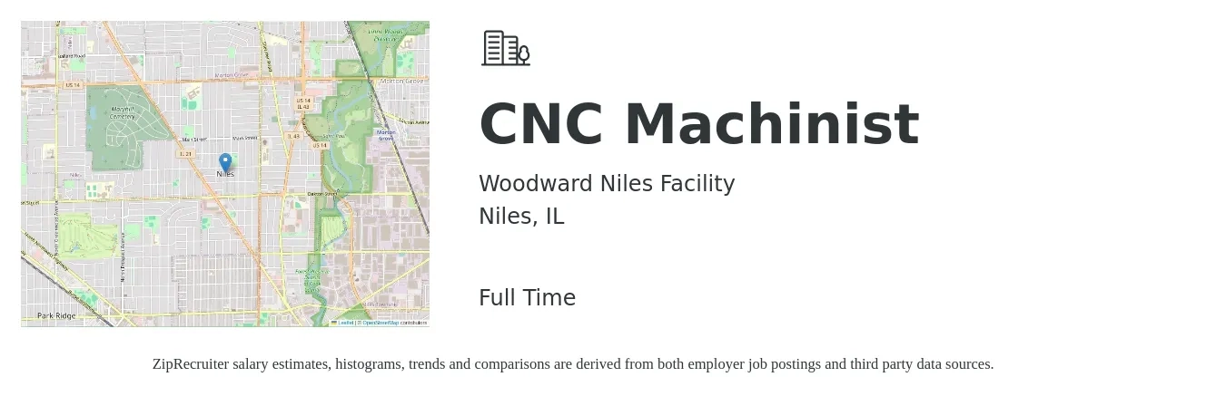 Woodward Niles Facility job posting for a CNC Machinist in Niles, IL with a salary of $21 to $30 Hourly with a map of Niles location.