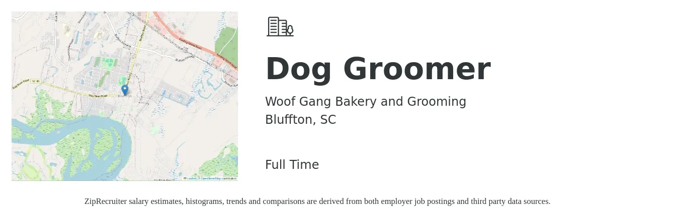Woof Gang Bakery and Grooming job posting for a Dog Groomer in Bluffton, SC with a salary of $1,000 Weekly with a map of Bluffton location.