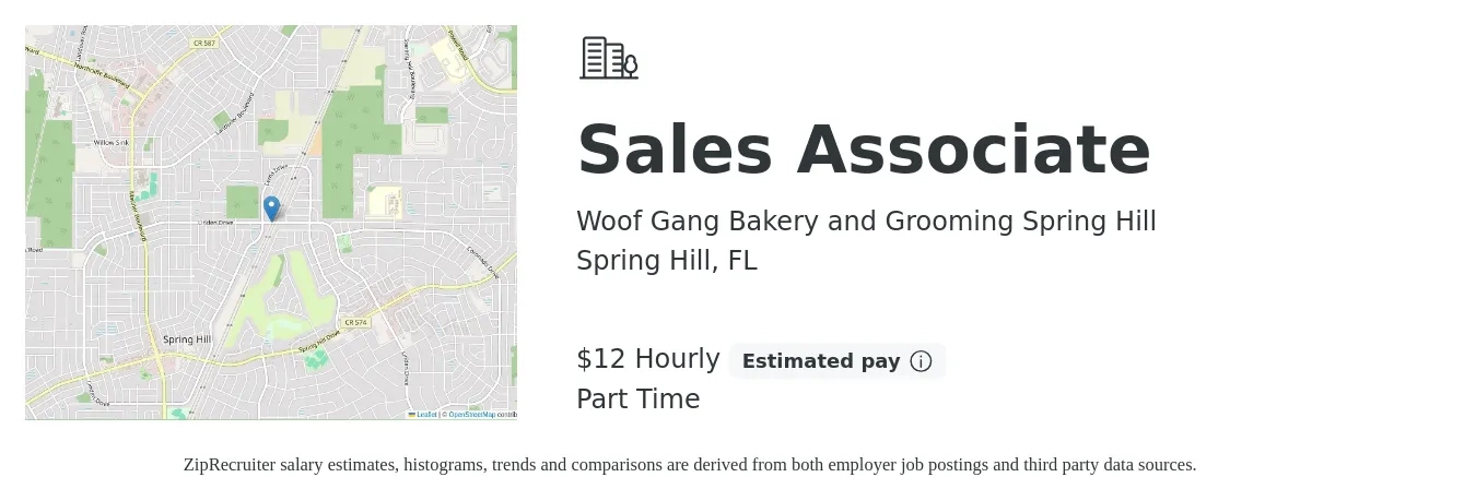 Woof Gang Bakery and Grooming Spring Hill job posting for a Sales Associate in Spring Hill, FL with a salary of $14 Hourly with a map of Spring Hill location.