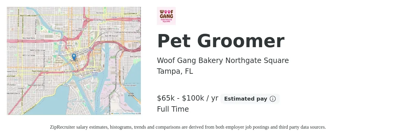 Woof Gang Bakery Northgate Square job posting for a Pet Groomer in Tampa, FL with a salary of $65,000 to $100,000 Yearly with a map of Tampa location.