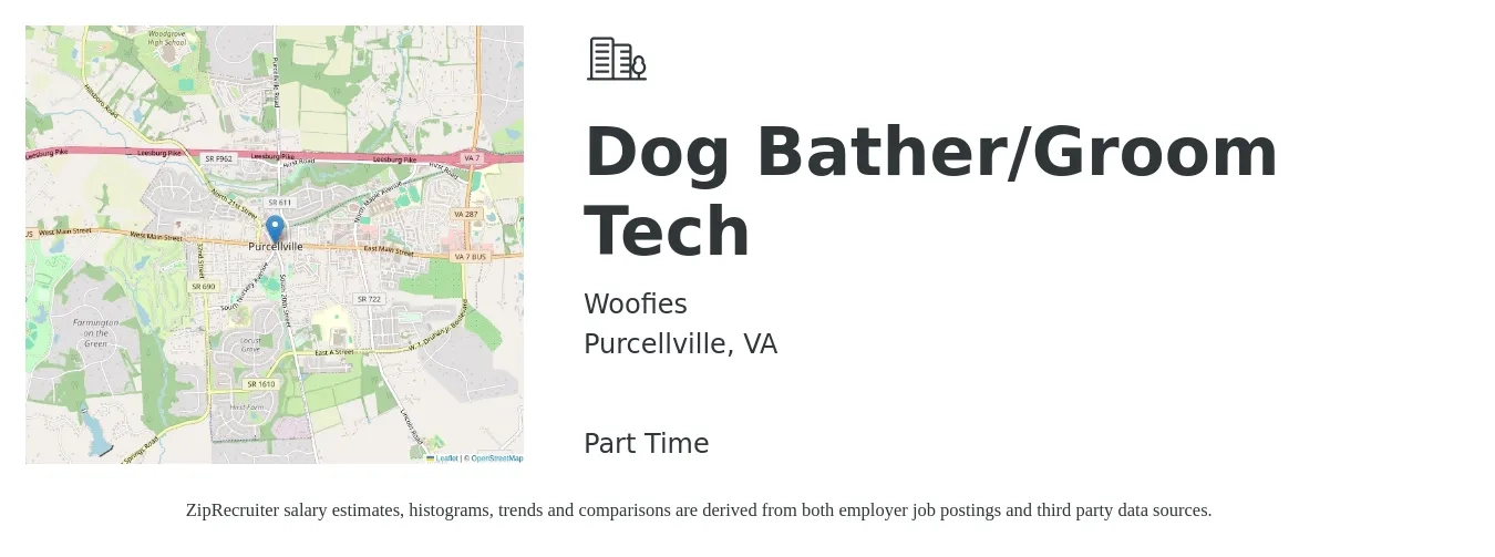 Woofies job posting for a Dog Bather/Groom Tech in Purcellville, VA with a salary of $14 to $17 Hourly with a map of Purcellville location.
