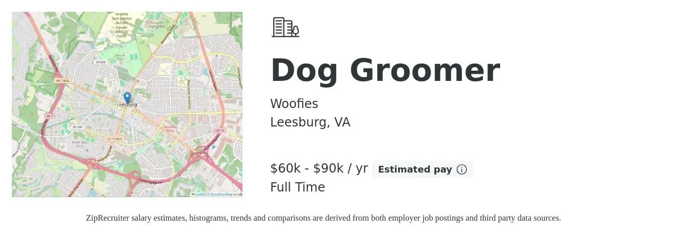 Woofies job posting for a Dog Groomer in Leesburg, VA with a salary of $60,000 to $90,000 Yearly with a map of Leesburg location.