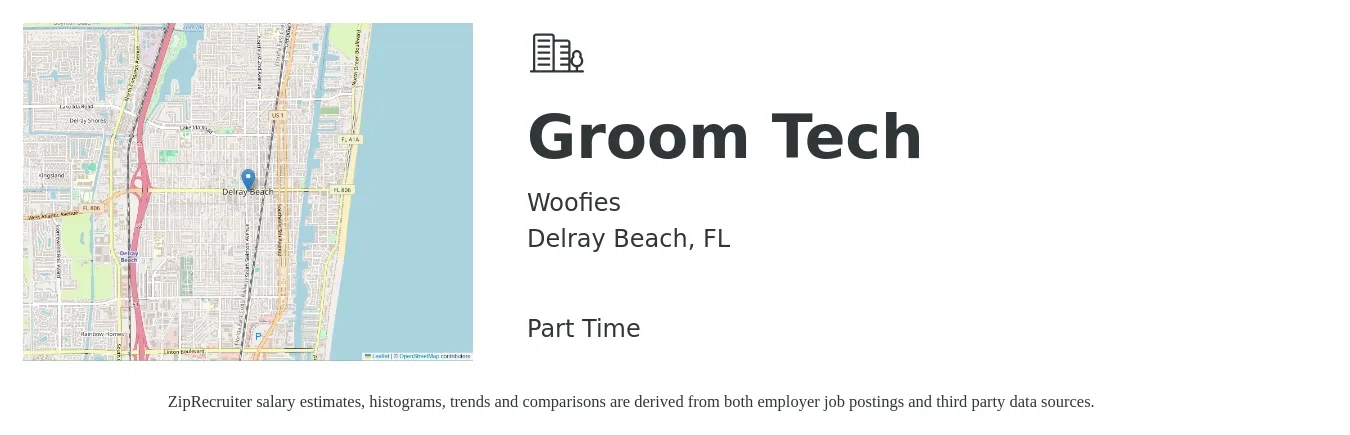 Woofies job posting for a Groom Tech in Delray Beach, FL with a salary of $16 to $28 Hourly with a map of Delray Beach location.