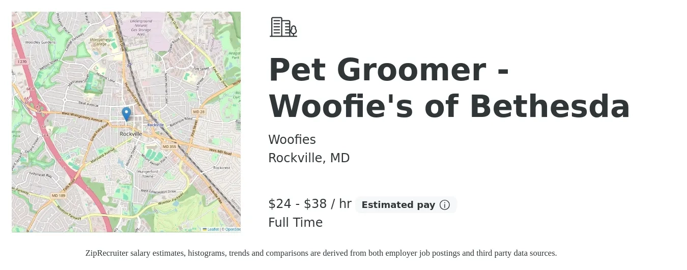 Woofies job posting for a Pet Groomer Woofie's of Bethesda in Rockville, MD with a salary of $25 to $40 Hourly with a map of Rockville location.