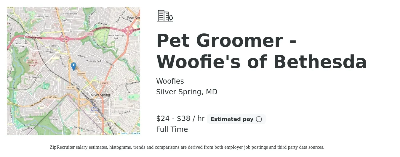 Woofies job posting for a Pet Groomer Woofie's of Bethesda in Silver Spring, MD with a salary of $25 to $40 Hourly with a map of Silver Spring location.