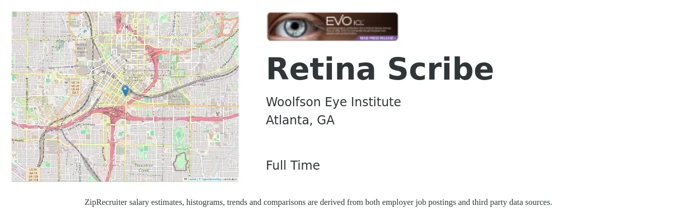 Woolfson Eye Institute job posting for a Retina Scribe in Atlanta, GA with a salary of $15 to $20 Hourly with a map of Atlanta location.