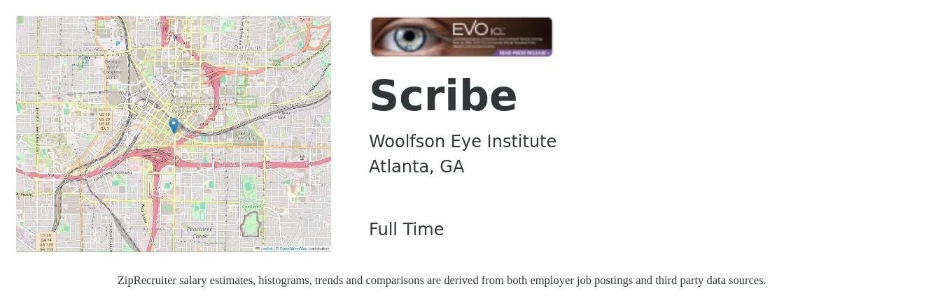 Woolfson Eye Institute job posting for a Scribe in Atlanta, GA with a salary of $15 to $20 Hourly with a map of Atlanta location.