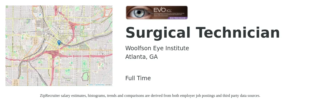 Woolfson Eye Institute job posting for a Surgical Technician in Atlanta, GA with a salary of $1,400 to $2,310 Weekly with a map of Atlanta location.