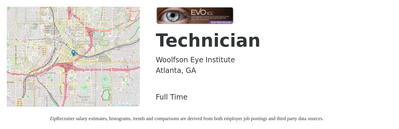Woolfson Eye Institute job posting for a Technician in Atlanta, GA with a salary of $18 to $24 Hourly with a map of Atlanta location.