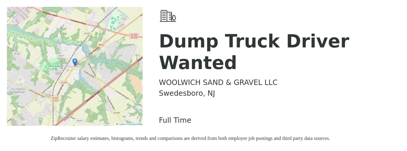 WOOLWICH SAND & GRAVEL LLC job posting for a Dump Truck Driver Wanted in Swedesboro, NJ with a salary of $20 to $26 Hourly with a map of Swedesboro location.