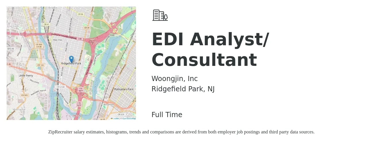Woongjin, Inc job posting for a EDI Analyst/ Consultant in Ridgefield Park, NJ with a salary of $100,000 Yearly with a map of Ridgefield Park location.