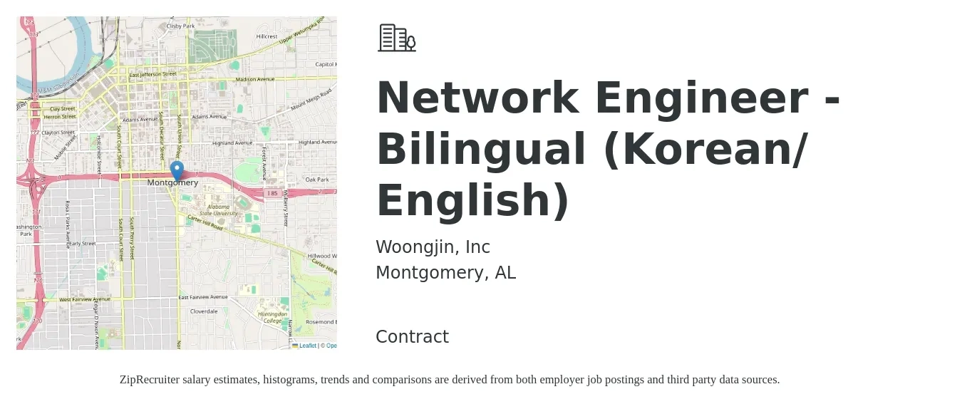 Woongjin, Inc job posting for a Network Engineer -Bilingual (Korean/ English) in Montgomery, AL with a salary of $88,000 to $132,100 Yearly with a map of Montgomery location.