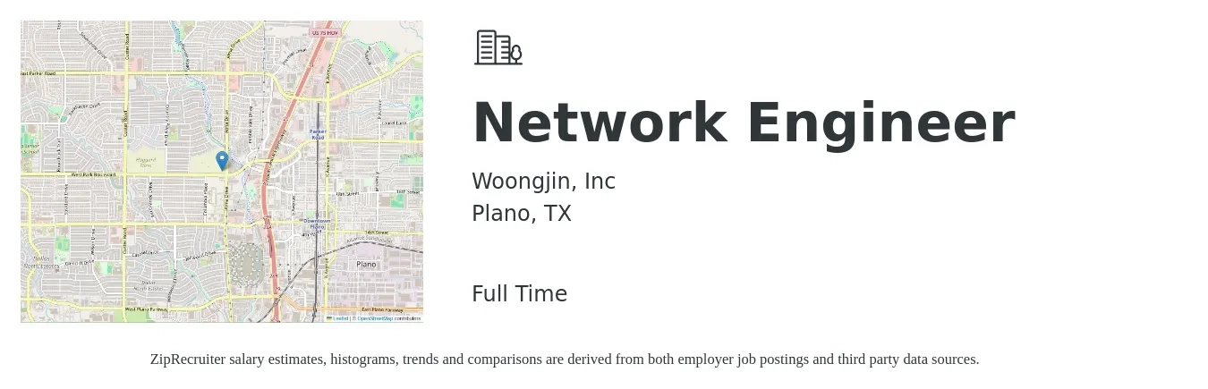 Woongjin, Inc job posting for a Network Engineer in Plano, TX with a salary of $85,200 to $127,800 Yearly with a map of Plano location.