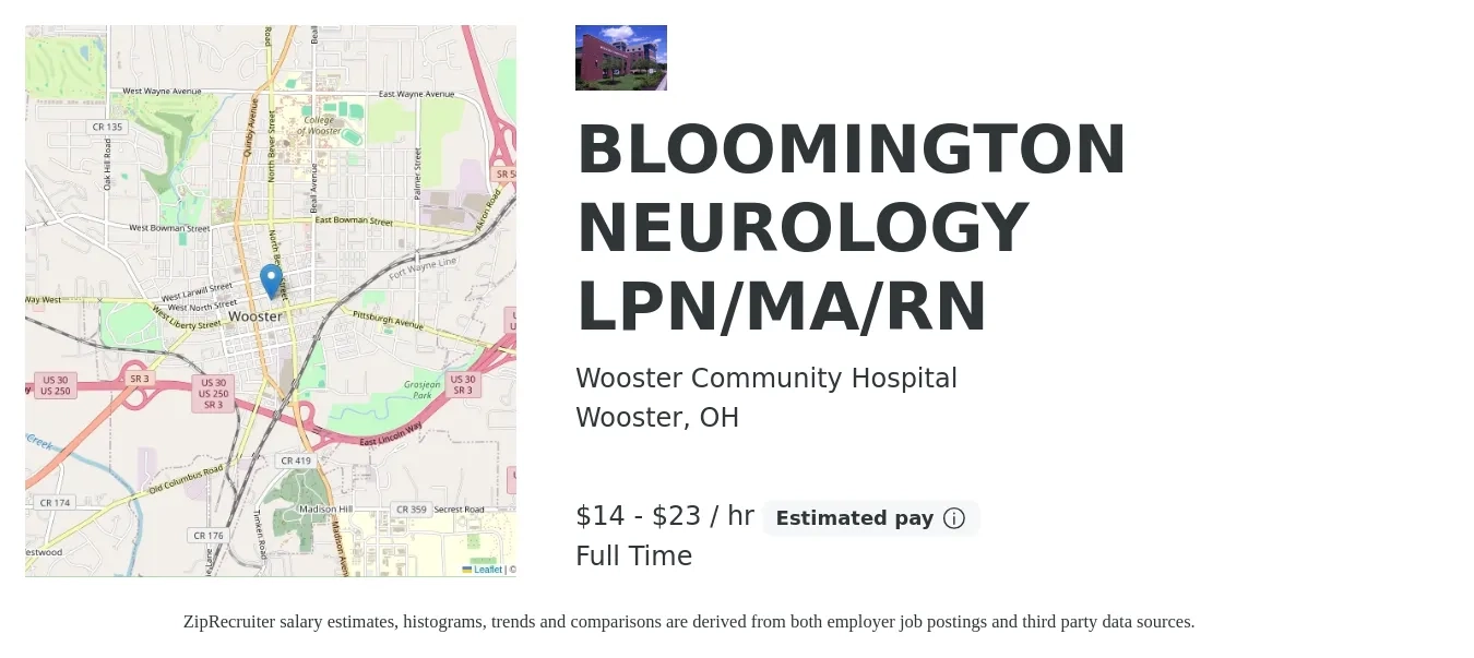 Wooster Community Hospital job posting for a BLOOMINGTON NEUROLOGY LPN/MA/RN in Wooster, OH with a salary of $15 to $25 Hourly with a map of Wooster location.