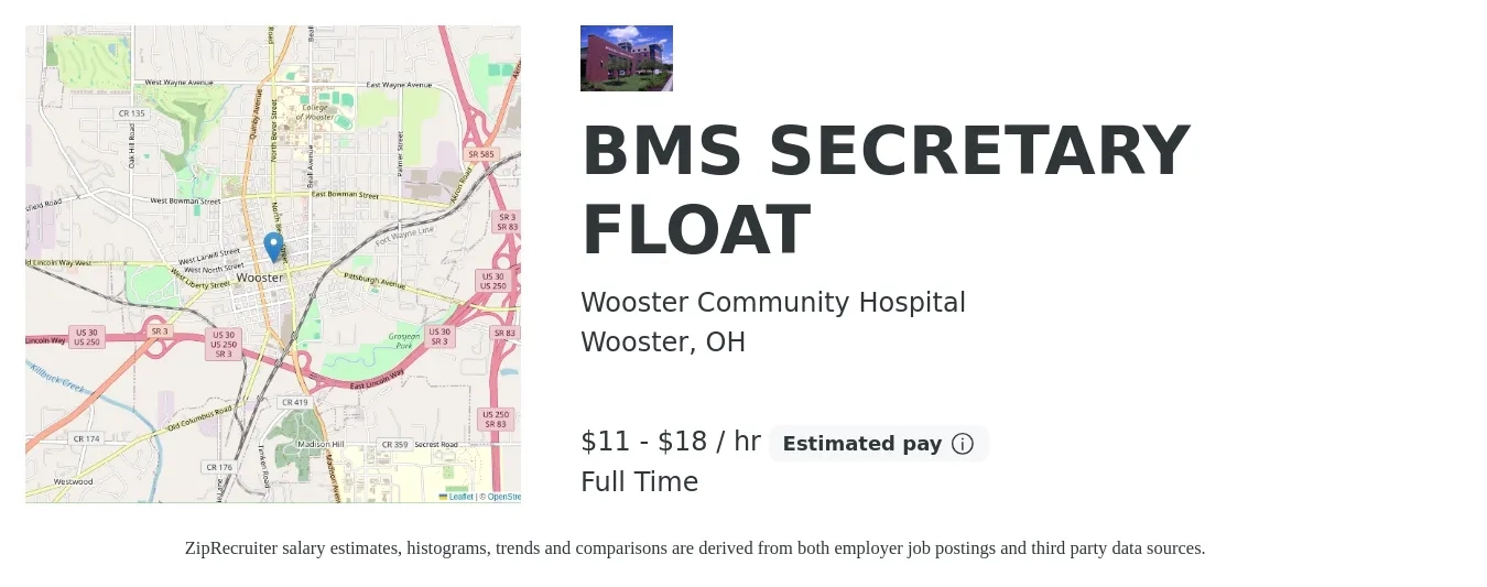 Wooster Community Hospital job posting for a BMS SECRETARY FLOAT in Wooster, OH with a salary of $12 to $19 Hourly with a map of Wooster location.
