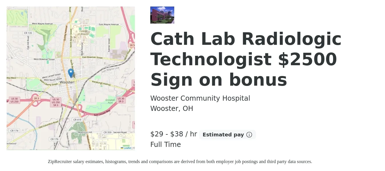 Wooster Community Hospital job posting for a Cath Lab Radiologic Technologist $2500 Sign on bonus in Wooster, OH with a salary of $31 to $40 Hourly with a map of Wooster location.