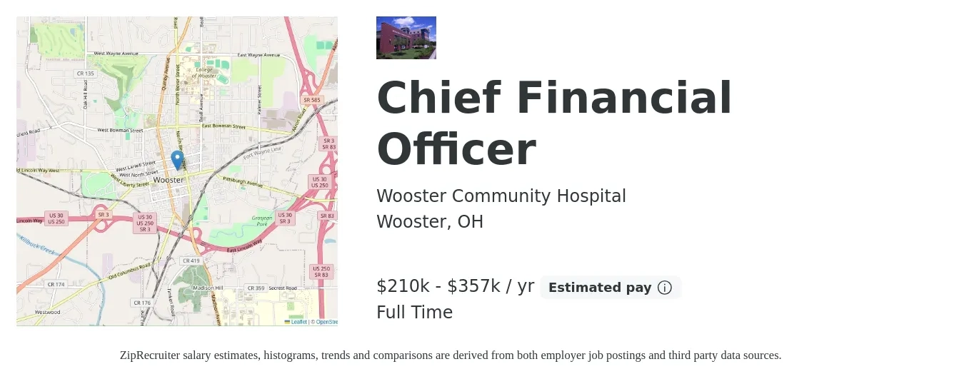 Wooster Community Hospital job posting for a Chief Financial Officer in Wooster, OH with a salary of $210,000 to $357,000 Yearly with a map of Wooster location.