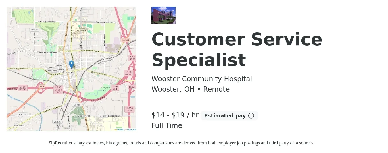Wooster Community Hospital job posting for a Customer Service Specialist in Wooster, OH with a salary of $16 to $20 Hourly with a map of Wooster location.