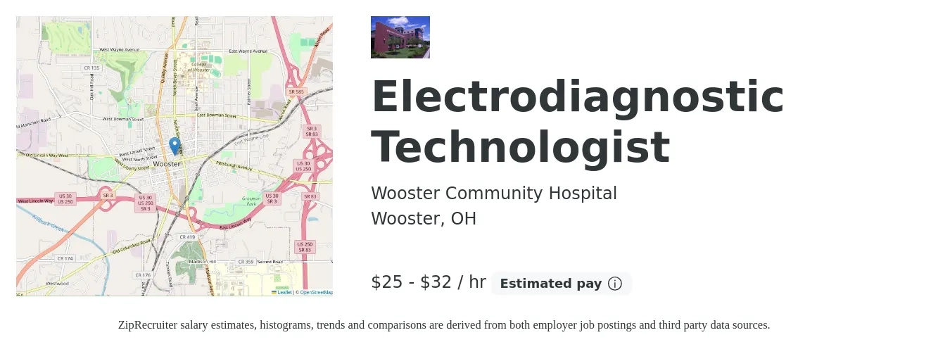 Wooster Community Hospital job posting for a Electrodiagnostic Technologist in Wooster, OH with a salary of $26 to $34 Hourly with a map of Wooster location.