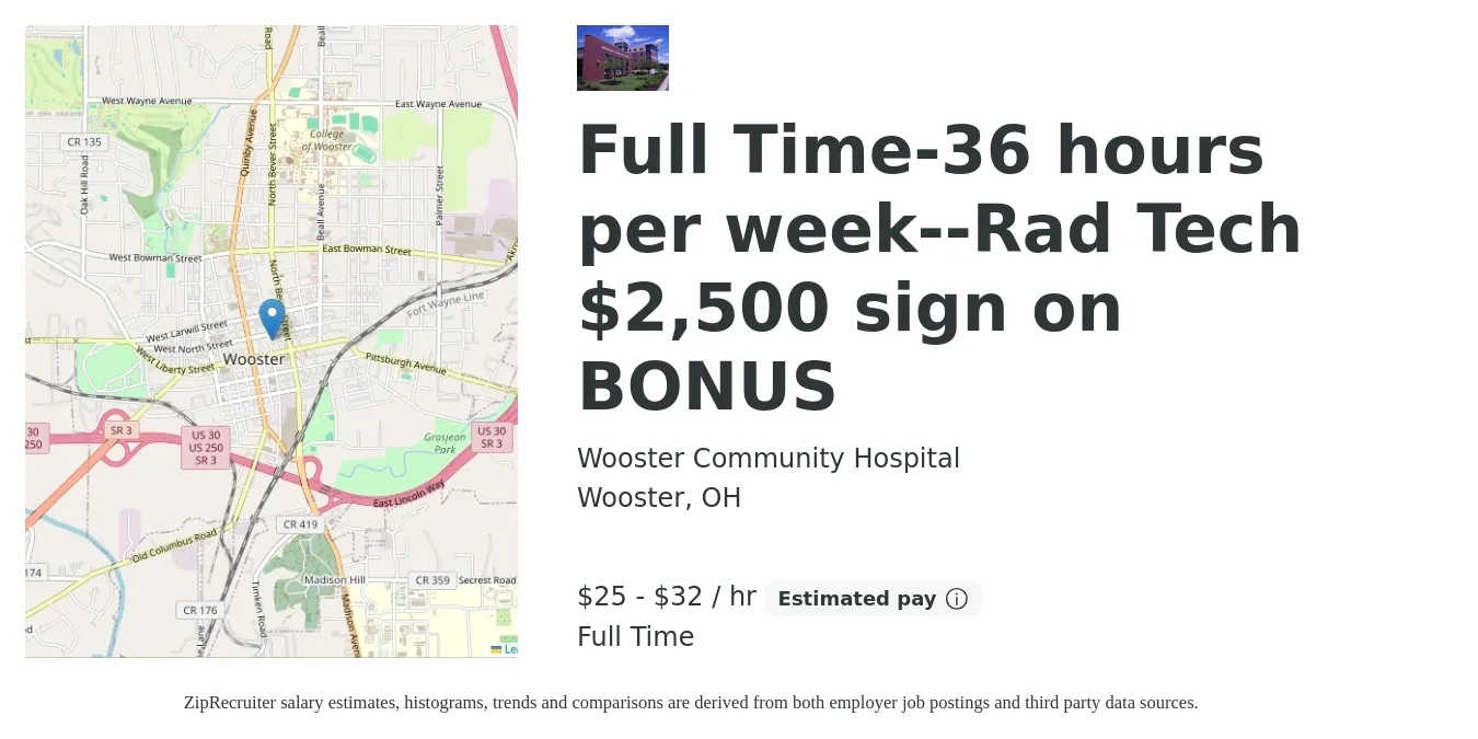 Wooster Community Hospital job posting for a Full Time-36 hours per week--Rad Tech $2,500 sign on BONUS in Wooster, OH with a salary of $26 to $34 Hourly with a map of Wooster location.