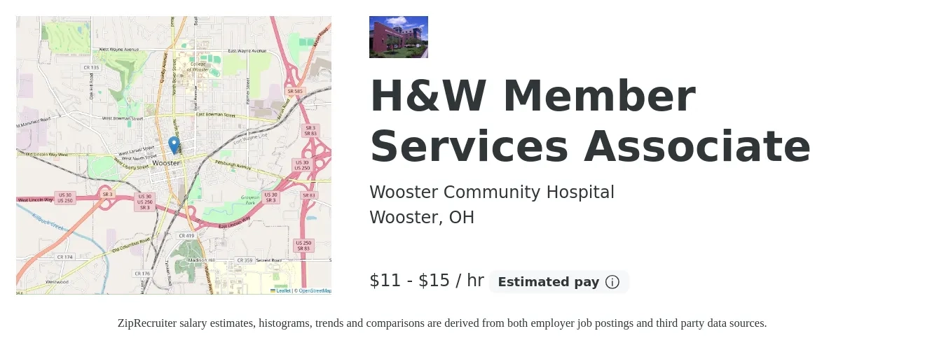 Wooster Community Hospital job posting for a H&W Member Services Associate in Wooster, OH with a salary of $12 to $16 Hourly with a map of Wooster location.
