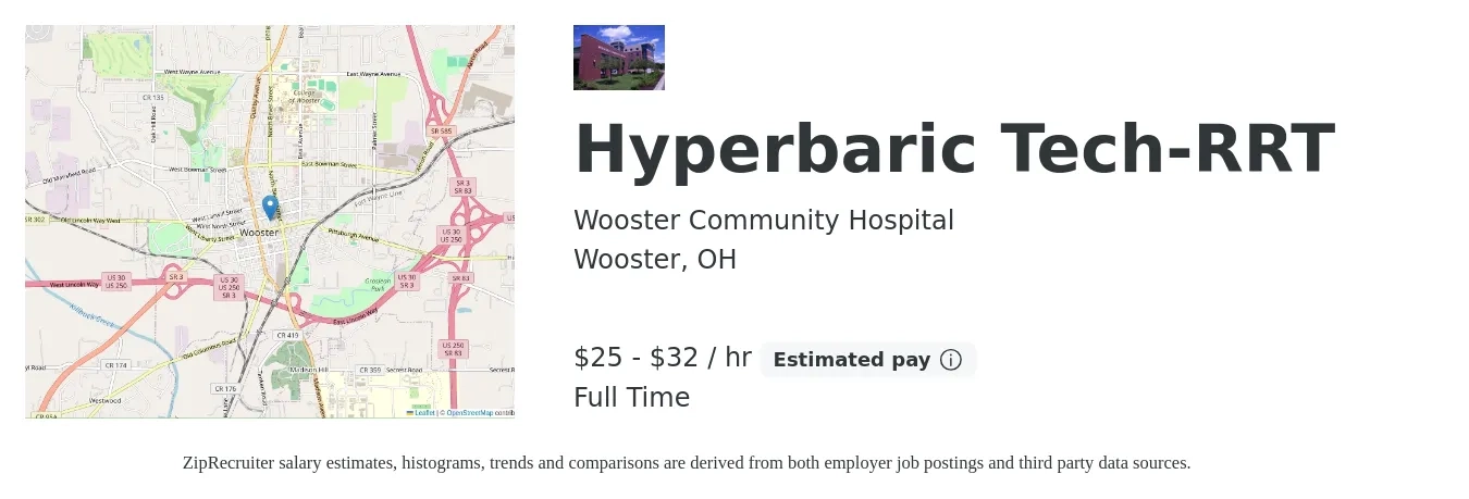 Wooster Community Hospital job posting for a Hyperbaric Tech-RRT in Wooster, OH with a salary of $26 to $34 Hourly with a map of Wooster location.