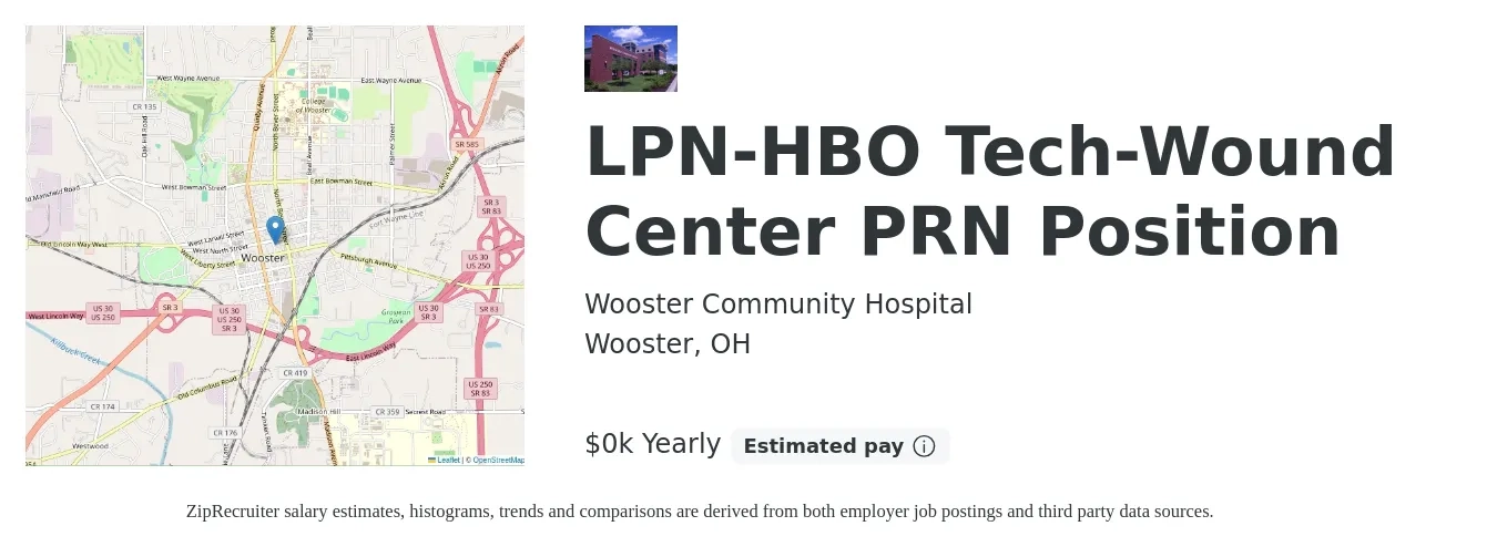 Wooster Community Hospital job posting for a LPN-HBO Tech-Wound Center PRN Position in Wooster, OH with a salary of $20 to $25 Yearly with a map of Wooster location.