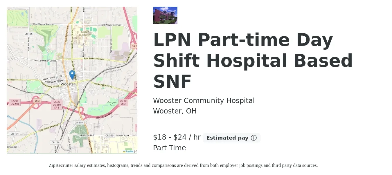Wooster Community Hospital job posting for a LPN Part-time Day Shift Hospital Based SNF in Wooster, OH with a salary of $20 to $25 Hourly with a map of Wooster location.