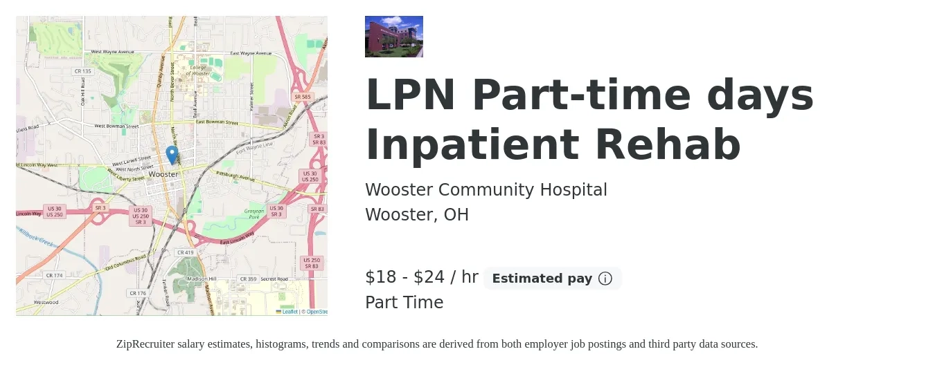 Wooster Community Hospital job posting for a LPN Part-time days Inpatient Rehab in Wooster, OH with a salary of $20 to $25 Hourly with a map of Wooster location.