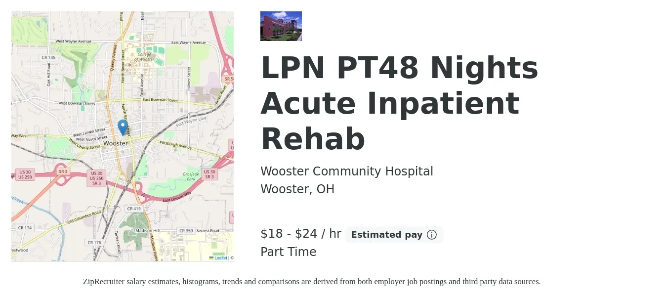 Wooster Community Hospital job posting for a LPN PT48 Nights Acute Inpatient Rehab in Wooster, OH with a salary of $20 to $25 Hourly with a map of Wooster location.