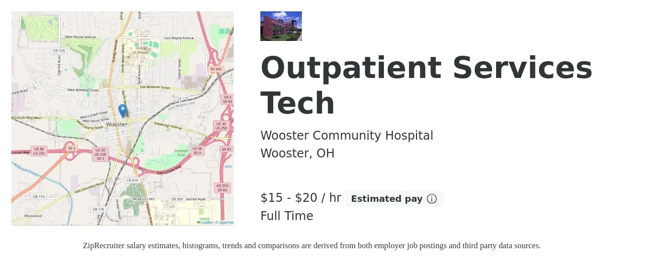 Wooster Community Hospital job posting for a Outpatient Services Tech in Wooster, OH with a salary of $17 to $21 Hourly with a map of Wooster location.