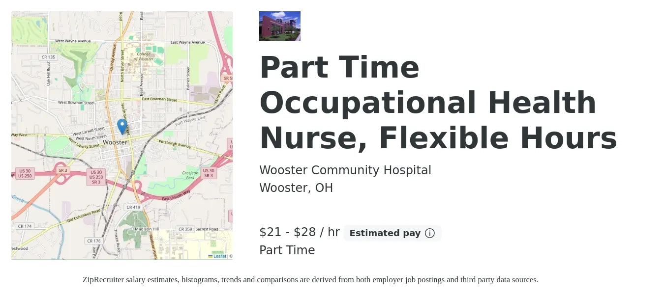 Wooster Community Hospital job posting for a Part Time Occupational Health Nurse, Flexible Hours in Wooster, OH with a salary of $22 to $30 Hourly with a map of Wooster location.