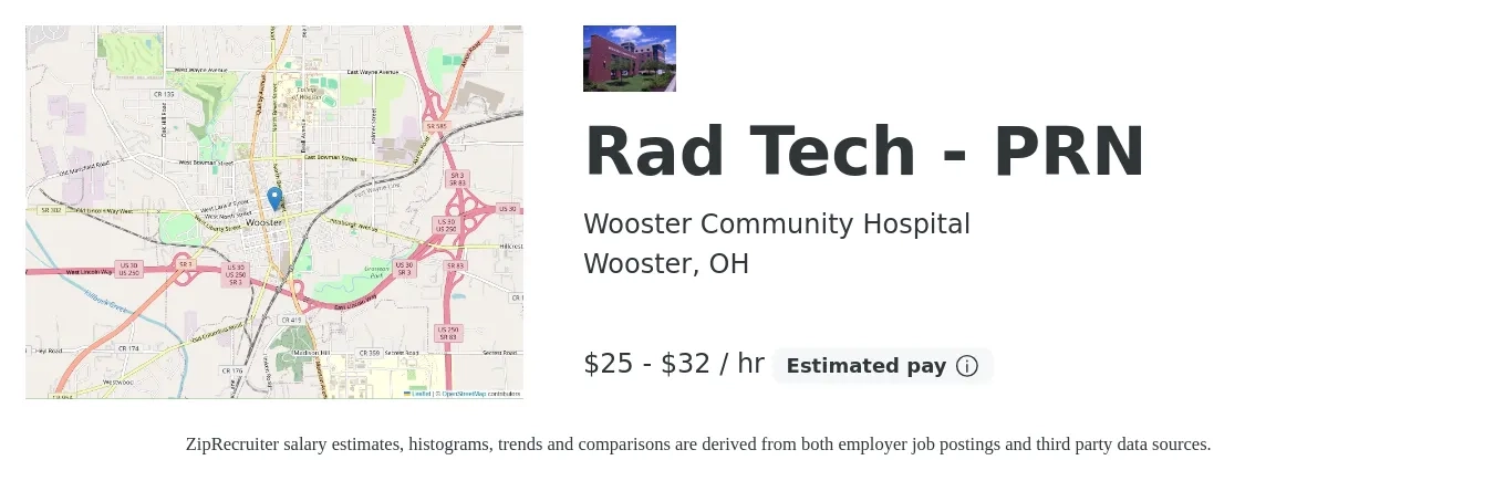 Wooster Community Hospital job posting for a Rad Tech - PRN in Wooster, OH with a salary of $26 to $34 Hourly with a map of Wooster location.