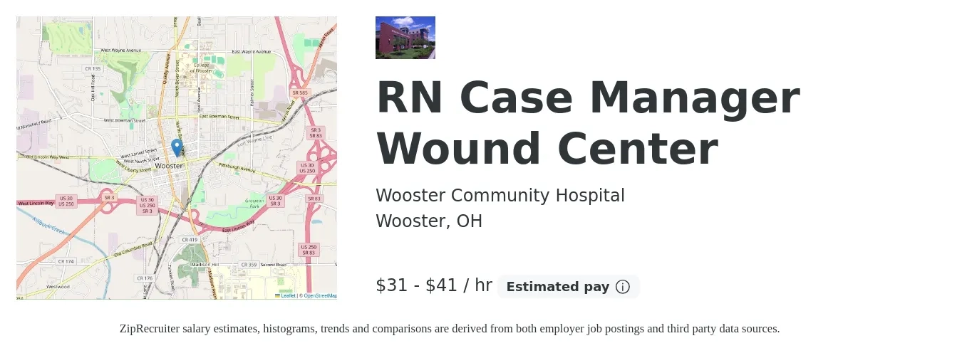 Wooster Community Hospital job posting for a RN Case Manager Wound Center in Wooster, OH with a salary of $33 to $43 Hourly with a map of Wooster location.
