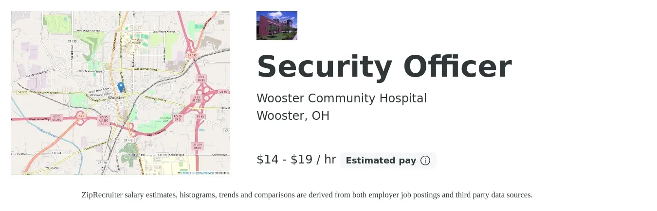 Wooster Community Hospital job posting for a Security Officer in Wooster, OH with a salary of $16 to $20 Yearly with a map of Wooster location.