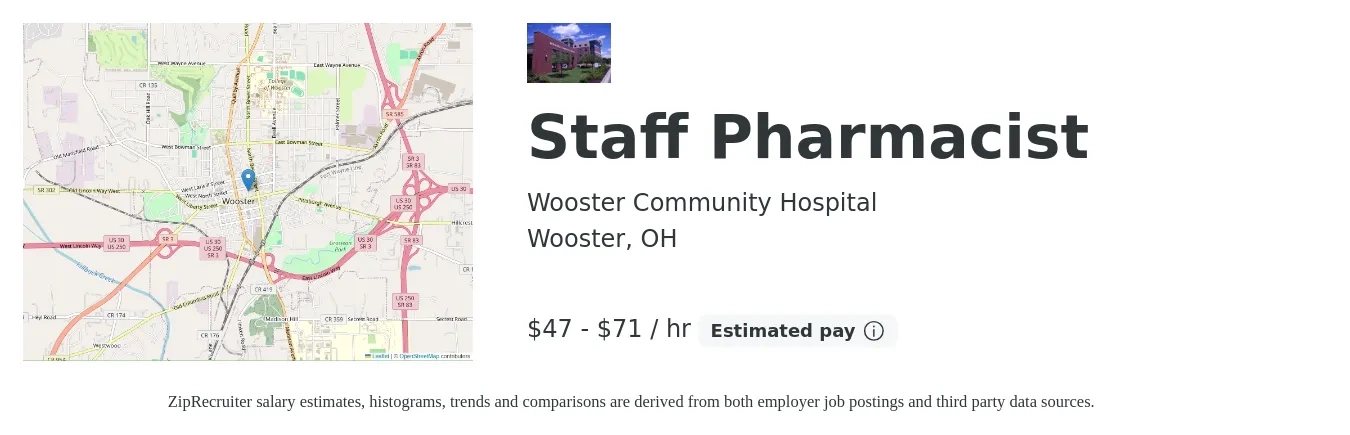 Wooster Community Hospital job posting for a Staff Pharmacist in Wooster, OH with a salary of $50 to $74 Hourly with a map of Wooster location.