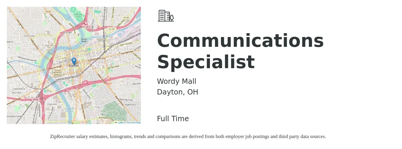 Wordy Mall job posting for a Communications Specialist in Dayton, OH with a salary of $52,000 to $69,000 Yearly with a map of Dayton location.