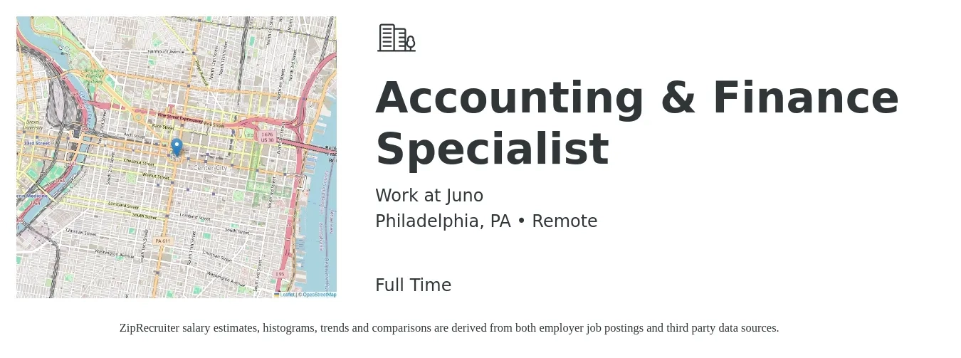 Work at Juno job posting for a Accounting & Finance Specialist in Philadelphia, PA with a salary of $22 to $29 Hourly with a map of Philadelphia location.