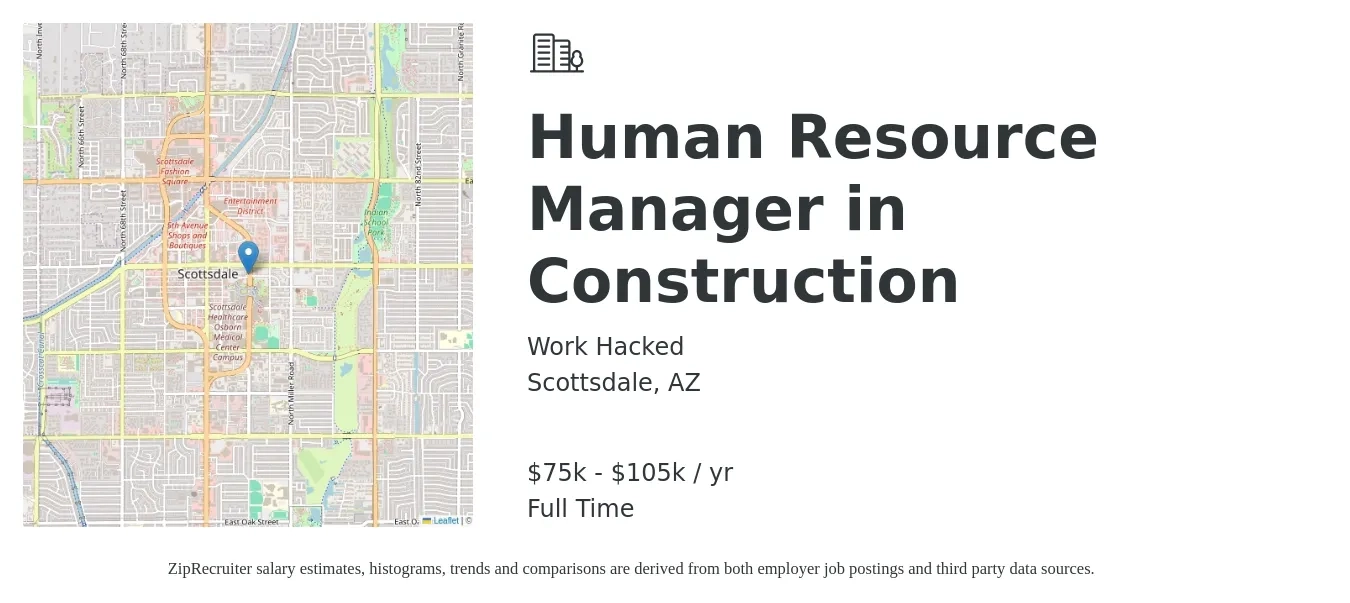 Work Hacked job posting for a Human Resource Manager in Construction in Scottsdale, AZ with a salary of $75,000 to $105,000 Yearly with a map of Scottsdale location.
