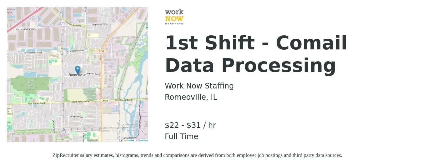 Work Now Staffing job posting for a 1st Shift - Comail Data Processing in Romeoville, IL with a salary of $24 to $32 Hourly with a map of Romeoville location.