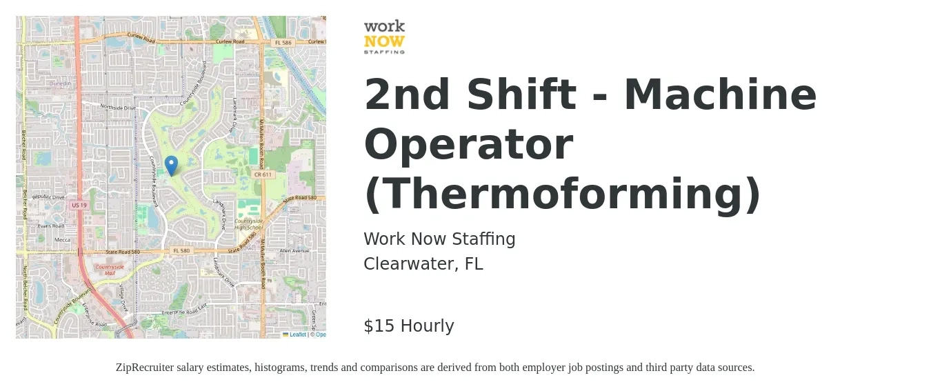 Work Now Staffing job posting for a 2nd Shift - Machine Operator (Thermoforming) in Clearwater, FL with a salary of $16 Hourly with a map of Clearwater location.