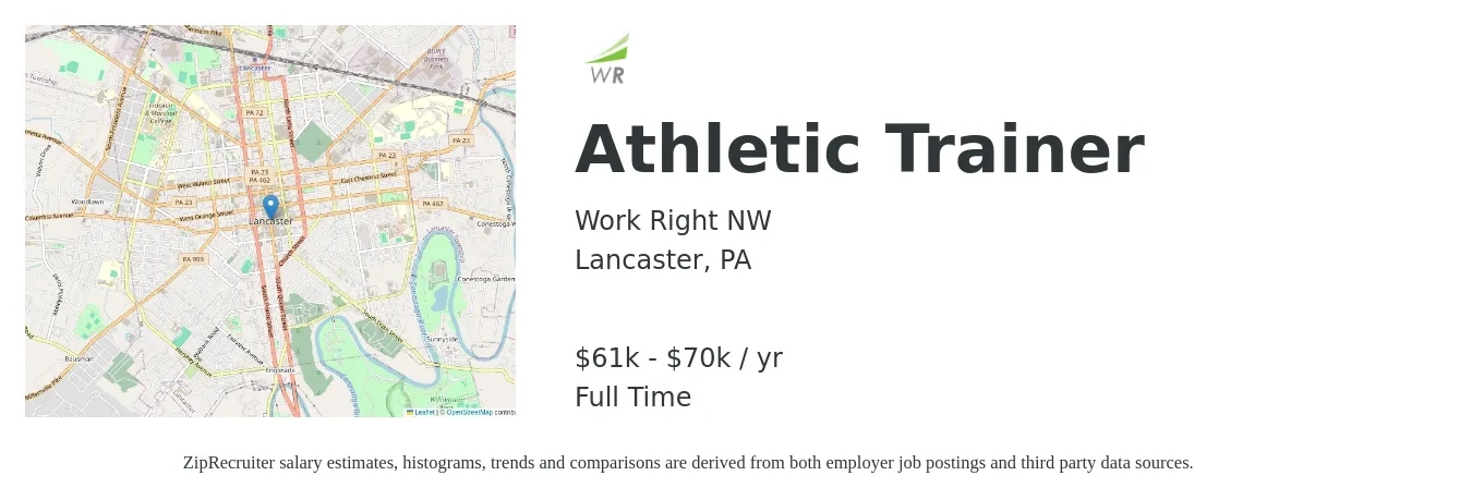 Work Right NW job posting for a Athletic Trainer in Lancaster, PA with a salary of $61,000 to $70,000 Yearly with a map of Lancaster location.