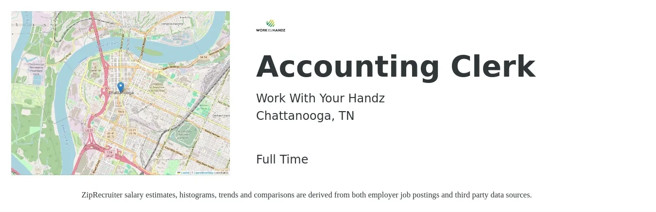 Work With Your Handz job posting for a Accounting Clerk in Chattanooga, TN with a salary of $20 to $25 Hourly with a map of Chattanooga location.