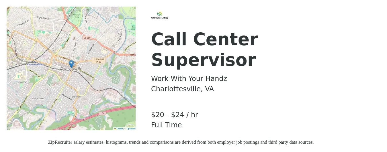 Work With Your Handz job posting for a Call Center Supervisor in Charlottesville, VA with a salary of $21 to $25 Hourly with a map of Charlottesville location.