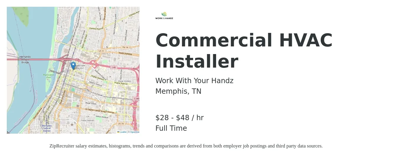 Work With Your Handz job posting for a Commercial HVAC Installer in Memphis, TN with a salary of $30 to $50 Hourly with a map of Memphis location.
