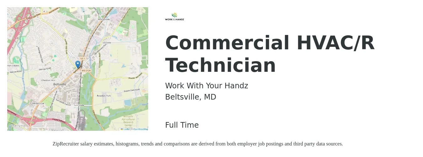 Work With Your Handz job posting for a Commercial HVAC/R Technician in Beltsville, MD with a salary of $29 to $37 Hourly with a map of Beltsville location.