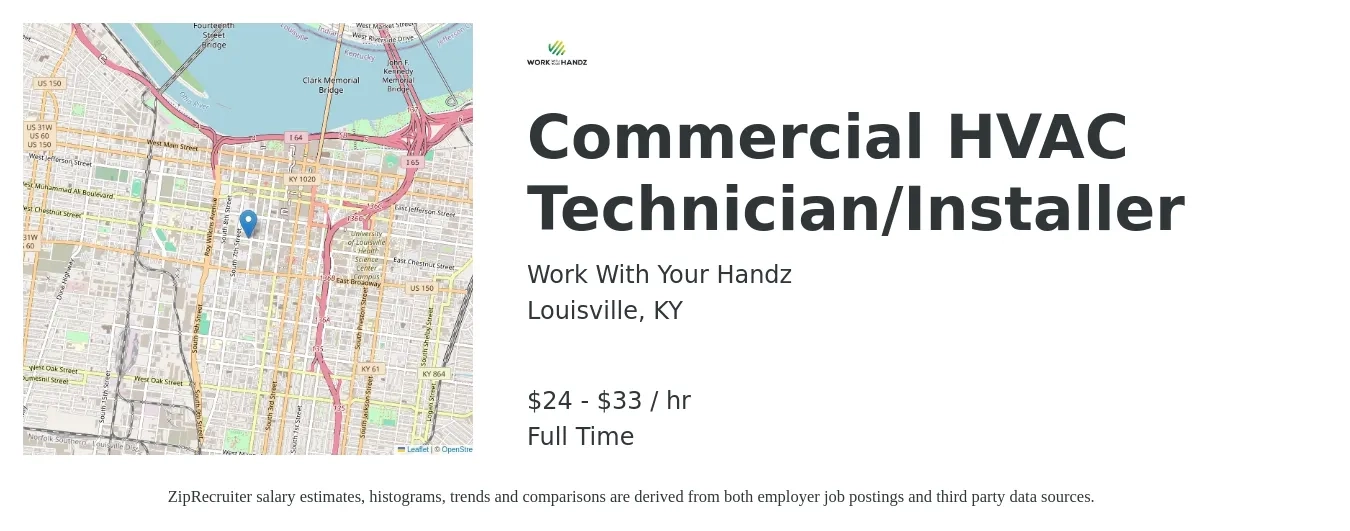 Work With Your Handz job posting for a Commercial HVAC Technician/Installer in Louisville, KY with a salary of $25 to $35 Hourly with a map of Louisville location.