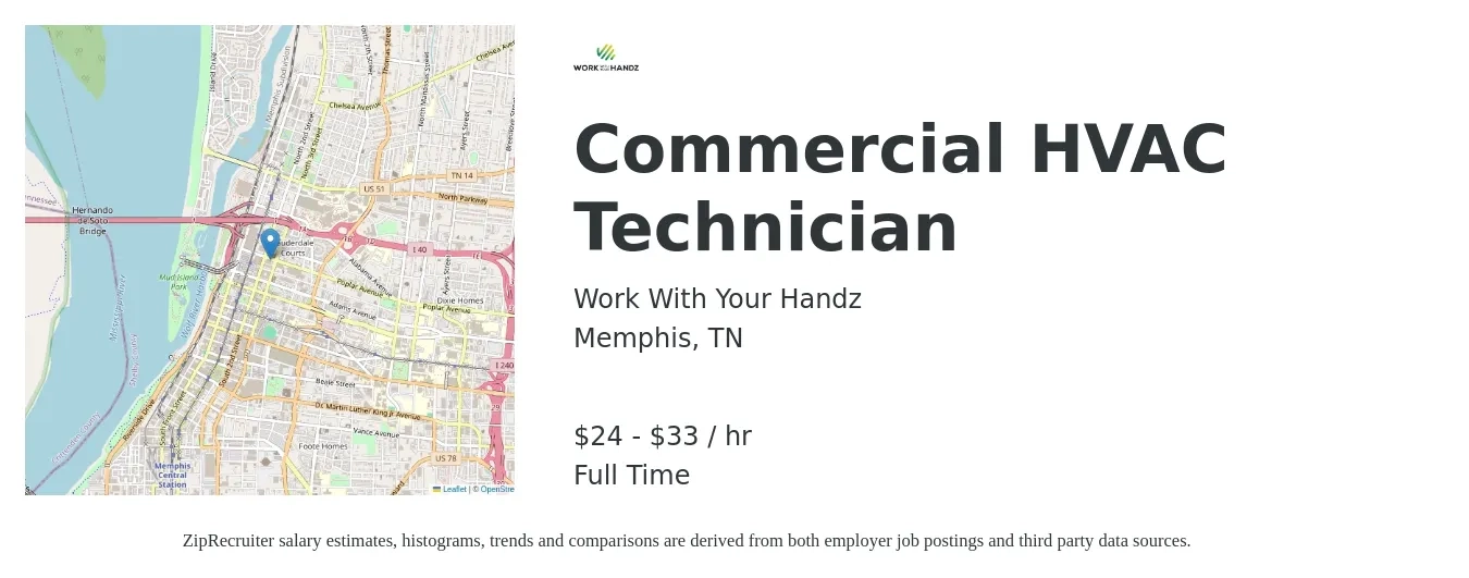 Work With Your Handz job posting for a Commercial HVAC Technician in Memphis, TN with a salary of $25 to $35 Hourly with a map of Memphis location.