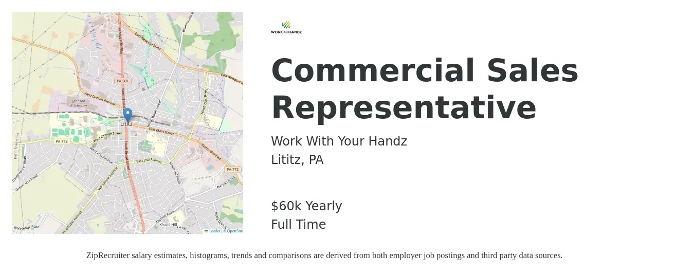Work With Your Handz job posting for a Commercial Sales Representative in Lititz, PA with a salary of $42,200 to $61,100 Yearly with a map of Lititz location.